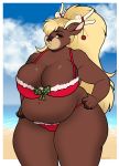  anthro antlers beach big_breasts bikini breasts cervid clothed clothing female hi_res horn looking_at_viewer mammal outside overweight overweight_female porin seaside solo standing swimwear thick_thighs 