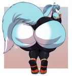 anthro big_butt butt butt_focus canid canine clothing female hi_res huge_butt hybrid lagomorph lavenderpandy legwear leporid looking_back mammal rabbit rubber simple_background smile solo thick_thighs thigh_highs underwear 