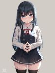  1girl asashio_(kantai_collection) bangs black_legwear blue_eyes blush buttons closed_mouth dress eyebrows_visible_through_hair fingers_together grey_background highres kantai_collection long_hair long_sleeves oekakizuki pinafore_dress red_ribbon remodel_(kantai_collection) ribbon shirt signature simple_background sleeveless sleeveless_dress solo thighhighs thighs white_shirt 