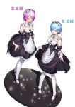  2girls bangs blue_eyes blue_hair breasts character_name cleavage commentary_request detached_sleeves dress dress_lift frills full_body hair_ornament hair_over_one_eye hair_ribbon highres large_breasts looking_at_viewer maid maid_headdress medium_breasts multiple_girls open_mouth pantyhose pink_eyes pink_hair pink_ribbon prothymos ram_(re:zero) re:zero_kara_hajimeru_isekai_seikatsu red_eyes red_ribbon rem_(re:zero) ribbon short_hair siblings simple_background sisters smile twins white_background white_legwear x_hair_ornament 