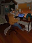  bedroom canid canine canis clothed clothing computer desk hi_res hoodie looking_at_viewer male mammal orf sam_(orf) topwear wolf 