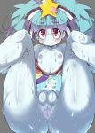  1boy anus blue_hair blue_skin bottomless collarbone commentary_request hair_ornament hair_ribbon hoshikawa_lily kanibasami long_hair looking_at_viewer nipples open_clothes open_shirt penis red_eyes ribbon spread_legs star star_hair_ornament sweat white_background zombie zombie_land_saga 