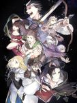  alfyn_(octopath_traveler) armor bangs blonde_hair blue_eyes bracelet braid braided_ponytail brown_hair cloak cyrus_(octopath_traveler) dancer dress earrings fingerless_gloves fringe_trim gloves h&#039;aanit_(octopath_traveler) hair_between_eyes hair_over_one_eye hat jewelry long_hair multiple_boys multiple_girls necklace oboro_keisuke octopath_traveler olberic_eisenberg open_mouth ophilia_(octopath_traveler) polearm ponytail primrose_azelhart scarf short_hair simple_background smile spear therion_(octopath_traveler) tressa_(octopath_traveler) weapon white_hair 