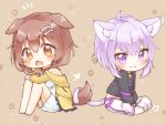  2girls :3 ahoge animal_ear_fluff animal_ears bare_shoulders barefoot blush bone_hair_ornament braid braided_tail brown_eyes brown_hair cat_ears cat_tail chibi choker dog_ears dog_tail fang floral_print hair_ornament hairclip heart hololive inugami_korone long_sleeves looking_at_viewer multiple_girls nekomata_okayu pants purple_eyes purple_hair sitting skin_fang souffle_sable tail virtual_youtuber 