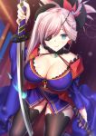  1girl asymmetrical_hair black_legwear blue_eyes blue_kimono blush breasts cleavage detached_sleeves dual_wielding earrings eyebrows_visible_through_hair eyepatch fate/grand_order fate_(series) hair_ornament highres holding holding_sword holding_weapon japanese_clothes jewelry katana kimono large_breasts leaf_print looking_at_viewer magatama maple_leaf_print miyamoto_musashi_(fate/grand_order) navel_cutout obi pink_hair ponytail sash sheath short_kimono sleeveless sleeveless_kimono solo sword thighhighs unsheathed weapon zha_yu_bu_dong_hua 