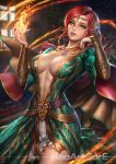  1girl breasts cleavage detached_sleeves fire flame freckles jewelry light_smile long_hair looking_at_viewer medium_breasts mole mole_under_mouth necklace nudtawut_thongmai parted_lips red_hair signature smile solo the_witcher thighs triss_merigold yellow_eyes 