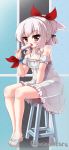  1girl alternate_costume alternate_hairstyle azur_lane blush breasts dress fang fang_out food hair_ribbon highres hikaru6382 popsicle red_eyes red_ribbon ribbon sandals silver_hair small_breasts solo sundress vampire_(azur_lane) white_dress 