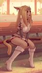  1girl animal_ears bandaged_arm bandages bare_shoulders bench blonde_hair blurry blurry_background boots cat_ears cat_tail choker commission dark_skin day earrings facial_mark facing_viewer final_fantasy final_fantasy_xiv fingerless_gloves forehead_protector gloves grass high_heel_boots high_heels jewelry lips long_hair looking_to_the_side midriff miqo&#039;te necklace outdoors parted_lips petals ponytail red_eyes short_shorts shorts sitting solo soranamae sword tail tattoo tree weapon whisker_markings white_footwear 