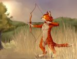  2016 4_fingers anthro arrow bow day digital_media_(artwork) felid fingers grass green_eyes hi_res holding_object holding_weapon mammal outside pantherine reysi signature sky solo standing tiger tree weapon 