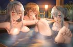  3girls :d bangs bathing blue_eyes blush breasts brown_hair collarbone elbow_rest eyebrows_visible_through_hair facial_scar gangut_(kantai_collection) grey_hair hair_between_eyes hair_ornament hibiki_(kantai_collection) kantai_collection knees_up large_breasts light long_hair medium_breasts multiple_girls night nude open_mouth pallad partially_submerged scar sidelocks silver_hair sitting sky smile star_(sky) starry_sky steam tashkent_(kantai_collection) toes verniy_(kantai_collection) 