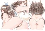  1girl all_fours armpits ass back bare_arms bare_shoulders blue_ribbon breasts brown_eyes brown_hair commentary_request frills from_behind hair_ribbon idolmaster idolmaster_shiny_colors large_breasts long_hair looking_at_viewer multiple_views one_side_up panties parted_lips profile ribbon shirt side-tie_panties sidelocks sleeveless sleeveless_shirt sunaba_suzume thighs topless tsukioka_kogane underwear white_panties white_shirt 