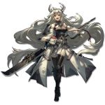  1girl absurdly_long_hair armor bangs belt black_footwear black_jacket black_legwear breasts detached_sleeves dress eyebrows_visible_through_hair glaive greaves grey_hair holding holding_polearm holding_weapon horns jacket large_breasts long_hair long_sleeves looking_at_viewer matoimaru_(arknights) official_art pointy_ears polearm pouch red_eyes ryuuzaki_ichi short_eyebrows shoulder_armor sleeveless_jacket solo standing strap thick_eyebrows thighhighs transparent_background very_long_hair weapon white_dress white_jacket white_sleeves wide_sleeves 