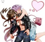  2girls :3 \m/ abs ahoge bag bikini_top blouse breasts brown_hair dated denim earrings fish_bone floral_print gegeron gloves handbag heart highres hug hug_from_behind huge_ahoge jacket jeans jewelry kantai_collection kuma_(kantai_collection) leather leather_jacket long_hair medium_breasts medium_skirt mouth_hold multiple_girls navel necklace one_eye_closed open_clothes open_jacket pants partly_fingerless_gloves paw_print purple_hair shirtless short_hair signature simple_background skirt sleeveless_blouse stitched_face stitches sunglasses tama_(kantai_collection) veiny_hands white_background 
