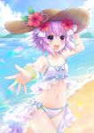  1girl alternate_costume armband artist_name beach bikini binato_lulu breasts cloud cloudy_sky collarbone commentary_request eyebrows_visible_through_hair flower hair_between_eyes hair_flower hair_ornament hand_on_own_head hat looking_at_viewer navel neptune_(neptune_series) neptune_(series) ocean open_mouth outdoors outstretched_arm purple_eyes purple_hair short_hair sky small_breasts smile solo straw_hat summer swimsuit white_bikini 