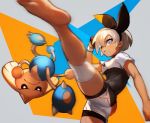  1girl ass barefoot blue_eyes bodysuit_under_clothes breasts dark_skin feet hairband high_kick highres hitmontop kicking nima_(niru54) pokemon pokemon_(game) pokemon_swsh saitou_(pokemon) short_sleeves shorts sportswear 