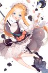  1girl :d abigail_williams_(fate/grand_order) absurdres bangs black_dress black_footwear blonde_hair blue_eyes blush braid butterfly_hair_ornament commentary_request dress fate/grand_order fate_(series) forehead hair_ornament hamada_pochiwo highres keyhole long_hair long_sleeves open_mouth parted_bangs shirt shoes sidelocks simple_background sleeveless sleeveless_dress sleeves_past_fingers sleeves_past_wrists smile solo stuffed_animal stuffed_toy teddy_bear tentacles upper_teeth very_long_hair white_background white_shirt 