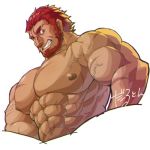 1boy abs bara beard biceps chest darlton facial_hair fate/grand_order fate_(series) looking_at_viewer lowres male_focus muscle nipples pectorals red_eyes red_hair rider_(fate/zero) scar smile solo teeth upper_body veins white_background 