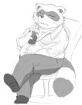  2019 anthro belly bottomwear canid canine clothing hi_res hysk male mammal overweight overweight_male pants raccoon_dog sengoku_puzzle shirt sitting solo tanuki tokugawa_ieyasu topwear 