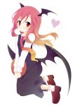  1girl black_skirt black_vest blonde_hair blush bobby_socks brown_footwear demon_wings eyebrows_visible_through_hair folded_leg gradient_hair hair_between_eyes head_wings heart highres hinata_ichi holding holding_tray koakuma loafers long_hair long_sleeves looking_at_viewer loose_necktie multicolored_hair necktie pink_hair red_eyes red_neckwear shirt shoes simple_background skirt smile socks solo touhou tray v_arms very_long_hair vest waistcoat wavy_mouth white_background white_legwear white_shirt wings 