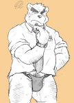  2019 anthro belly blush bulge clothing fundoshi goujuyu humanoid_hands japanese_clothing male mammal necktie shirt simple_background slightly_chubby solo topwear underwear ursid 