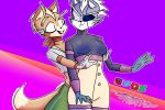  2019 anthro blush breasts butt canid canine canis clothed clothing eyelashes female fox_mccloud girly hi_res mammal mature_female nativefall nintendo simple_background star_fox teasing thick_thighs video_games wolf wolf_o&#039;donnell 