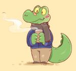  2019 alligator alligatorid anthro blush bottomwear clothing crocodilian green_body hi_res male pants psydoux reptile scalie scarf simple_background solo sweater topwear 