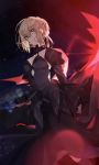  1girl artoria_pendragon_(all) bangs black_dress blonde_hair braid breasts cleavage detached_sleeves dress eyebrows_visible_through_hair fate/stay_night fate_(series) hair_ribbon highres hino_hinako pale_skin ribbon saber_alter sleeves_past_wrists solo wet yellow_eyes 