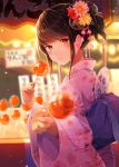  1girl bangs blush brown_hair candy_apple eyebrows_visible_through_hair festival flower food hair_flower hair_ornament japanese_clothes kimono looking_at_viewer mole mole_under_eye niichi_(komorebi-palette) original solo yukata 