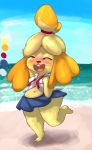 2019 absurd_res animal_crossing anthro beach belly blush bottomwear breasts bunihud canid canine canis clothed clothing color_swatch domestic_dog drunk eyelashes eyes_closed female floppy_ears fur hair happy hi_res isabelle_(animal_crossing) mammal midriff miniskirt navel nintendo on_one_leg open_mouth outside pawpads sand sea seaside shih_tzu shirt short_stack skirt sky slightly_chubby smile solo standing teeth thick_thighs tongue topwear toy_dog video_games water wide_hips 