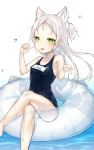  1girl :3 animal_ears armpit_peek azur_lane bangs bare_shoulders cat_ears commentary crossed_legs floating forehead green_eyes highres innertube jf_tya looking_at_viewer open_mouth parted_bangs pointing school_swimsuit sims_(azur_lane) sitting solo swimsuit water water_drop wet white_hair 