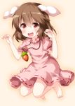  1girl animal_ears arms_up barefoot blush brown_hair buck_teeth bunny_ears carrot_necklace dress eyebrows_visible_through_hair folded_leg gradient gradient_background hair_between_eyes high_collar highres inaba_tewi jumping looking_at_viewer pink_background pink_dress puffy_short_sleeves puffy_sleeves red_eyes ribbon-trimmed_dress ruu_(tksymkw) short_hair short_sleeves solo touhou 