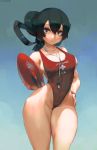  1girl absurdres asui_tsuyu bare_shoulders black_eyes black_hair boku_no_hero_academia breasts collarbone covered_navel covered_nipples cutesexyrobutts hand_on_hip highres large_breasts lifeguard light_smile long_hair looking_at_viewer paid_reward patreon_reward signature solo thick_thighs thighs tied_hair whistle whistle_around_neck 