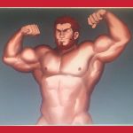  1boy abs armpits bara beard biceps chest facial_hair fate/grand_order fate_(series) flexing highres male_focus muscle nipples nude pectorals pose powerlesssong red_eyes red_hair rider_(fate/zero) simple_background smile 