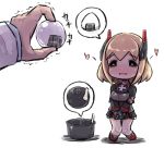  1girl azur_lane bangs black_footwear black_gloves black_jacket black_skirt blonde_hair blush boots brown_eyes chibi commander_(azur_lane) commentary_request eyebrows_visible_through_hair food gloves hands_together headgear heart holding holding_food jacket knees_together_feet_apart long_sleeves nose_blush onigiri out_of_frame own_hands_together parted_lips pleated_skirt roon_(azur_lane) skirt solo_focus spoken_food standing trembling u-non_(annon&#039;an) v_arms wavy_mouth white_background 