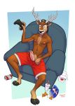 2019 anthro antlers backwards_hat bottomwear cervid chair chips_(food) clothed clothing cloven_hooves controller doritos erection food game_controller genital_piercing hi_res hooves horn howz humanoid_penis looking_at_viewer male mammal navel nipples penis penis_piercing piercing playstation playstation_controller prince_albert_piercing shorts sitting solo sony_corporation sony_interactive_entertainment topless video_games 