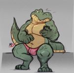  2019 anthro bulge clothing crocodile crocodilian crocodylid green_body male minedoo moobs navel nipples overweight overweight_male phone reptile scalie sitting solo underwear 