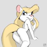  1:1 animaniacs big_breasts blonde_hair breasts female fur hair looking_at_viewer looking_back mammal minerva_mink mink mustelid musteline nude presenting pussy solo warner_brothers white_fur xylas 