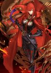  1girl black_gloves bodysuit boots breasts cape fate/grand_order fate_(series) gloves greaves grin hair_over_one_eye highres karlwolf katana long_hair looking_at_viewer oda_nobunaga_(maou_avenger)_(fate) red_eyes red_hair sheath sheathed skull smile solo sword weapon 