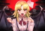  1girl arms_up ascot bangs bat_wings blonde_hair blood blood_in_mouth blood_on_face bloody_hands blurry bokeh cloud depth_of_field eyebrows_visible_through_hair eyes_visible_through_hair fangs fingernails full_moon hair_ribbon hayasumi_(_holiday_ha) highres kurumi_(touhou) long_hair long_sleeves looking_at_viewer moon night open_mouth outdoors parted_bangs red_eyes red_moon red_nails red_neckwear ribbon sharp_fingernails shirt skirt solo suspender_skirt suspenders touhou touhou_(pc-98) upper_body upper_teeth vampire white_shirt wings 