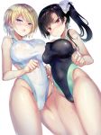  2girls asymmetrical_docking black_hair black_swimsuit blonde_hair blue_eyes blush breast_press breasts cameltoe commentary_request competition_swimsuit covered_navel covered_nipples cowboy_shot hair_ribbon highleg highleg_swimsuit highres large_breasts long_hair looking_at_viewer looking_down multiple_girls one-piece_swimsuit open_mouth original red_eyes ribbon sanshoku_amido short_hair side_ponytail simple_background standing swimsuit wet wet_clothes wet_swimsuit white_background white_ribbon white_swimsuit 