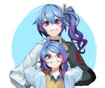  2girls bangs black_jacket blue_eyes blue_hair breasts character_request chils commentary da_(dsasd751) girls_frontline glasses grin hair_between_eyes hair_ornament hairclip jacket k11_(girls_frontline) long_hair long_sleeves looking_at_viewer messy_hair multiple_girls purple_eyes purple_hair shirt side_ponytail smile teeth two-tone_jacket white_jacket 
