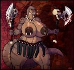  anthro axe big_breasts blood blush bodily_fluids breasts dinosaur facial_piercing female hi_res huge_breasts jewelry lip_piercing melee_weapon necklace nipple_piercing nipples oblivionrising piercing reptile scalie scar sharp_teeth skull teeth theropod tyrannosaurid tyrannosaurus tyrannosaurus_rex weapon 