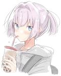  1girl backpack bag bangs blue_eyes blush bubble_tea commentary_request cup drinking drinking_straw grey_sweater hair_intakes highres holding holding_cup hood hooded_sweater hoodie kantai_collection looking_at_viewer pink_hair ponytail shiranui_(kantai_collection) short_hair short_ponytail simple_background sipping solo sweater takeshima_(nia) upper_body white_background 