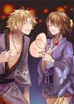  1boy 1girl blonde_hair brown_hair commentary_request final_fantasy final_fantasy_x hair_ornament japanese_clothes kimono open_mouth sasanomesi short_hair smile tidus yuna_(ff10) 