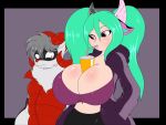  2019 4:3 android anthro big_breasts blush breasts canid canine clothed clothing digital_media_(artwork) duo fan_character female fur hair hi_res horn huge_breasts humanoid long_hair machine male male/female mammal phantasy_star_online_2 robot simple_background solo standing suirano video_games wide_hips xaria 