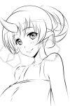  1girl apron bare_shoulders blush breasts cleavage collarbone eyebrows_visible_through_hair highres horns large_breasts loen-lapae looking_at_viewer monochrome monster_musume_no_iru_nichijou simple_background sketch smile solo tied_hair tionishia upper_body 