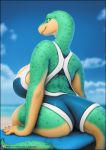  2019 anthro big_butt breasts butt clothed clothing female furgonomics green_eyes green_skin hi_res looking_at_viewer looking_back non-mammal_breasts one-piece_swimsuit outside reptile scalie seheno side_boob slightly_chubby smile solo swimwear tail_clothing vader-san 