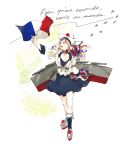  1girl 3107_(satona) bangs beret black_dress black_legwear blonde_hair blue_hair breasts cleavage commandant_teste_(kantai_collection) double-breasted dress french_flag french_text full_body hat highres jacket kantai_collection long_hair machinery multicolored multicolored_clothes multicolored_hair multicolored_scarf plaid plaid_scarf platform_footwear pom_pom_(clothes) red_hair scarf simple_background socks solo standing streaked_hair swept_bangs translation_request wavy_hair white_background white_hair 