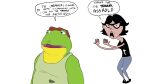  16:9 2015 amphibian clothed clothing dialogue digital_media_(artwork) eyewear female fredryk_phox frog glasses human male mammal nintendo shirt shitpost simple_background slightly_chubby slippy_toad stain star_fox tank_top the_truth toad_(frog) topwear tumblr video_games 