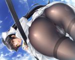  anthropomorphism ass azur_lane black_hair brown_eyes clouds gloves katana kobapyon long_hair panties pantyhose ponytail sky sword takao_(azur_lane) underwear weapon 